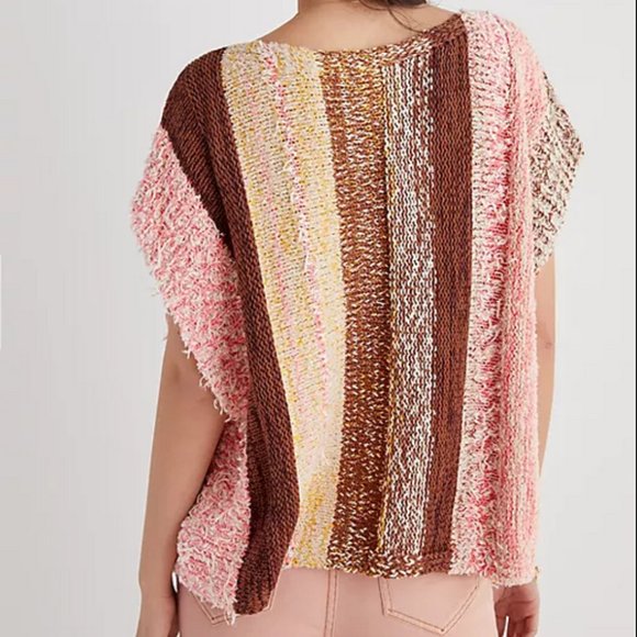 Anthropologie XL NWT Knit Striped Poncho Sweater Top Tunic Pullover Pink Brown - Picture 3 of 7